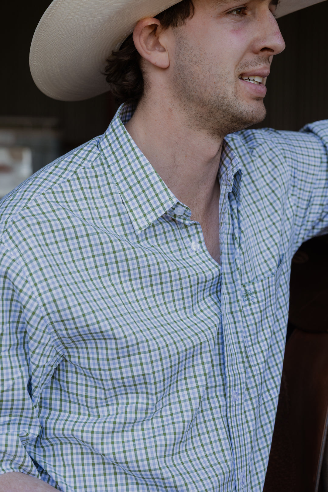 Mens Short Sleeve | Full Button | Blue & Green Gingham