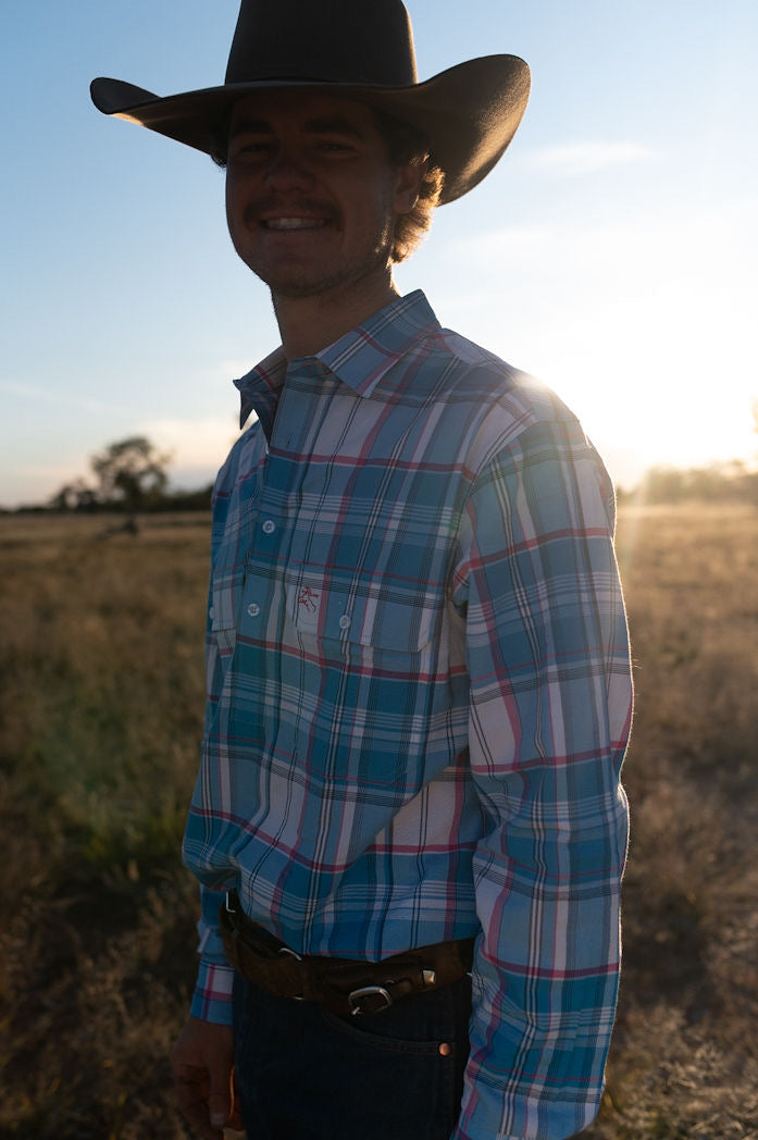 Mens Half Button Shirt - Blue & Pink Seersucker