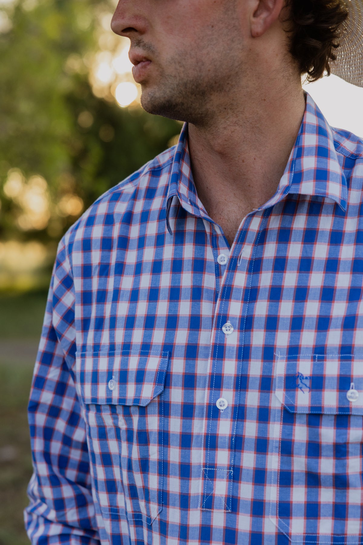 Men's Long Sleeve Shirt - Blue & Orange Check