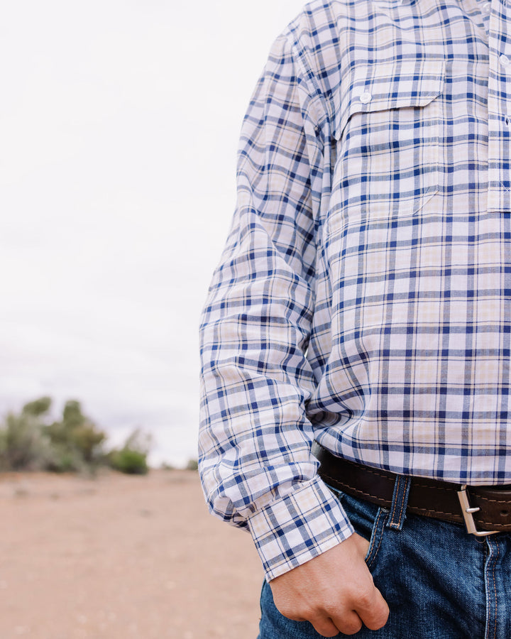 Mens Half Button - Blue, White & Yellow Check