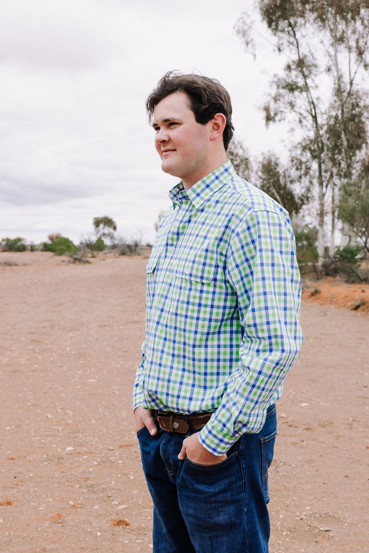 Mens Half Button - Green & Blue Check