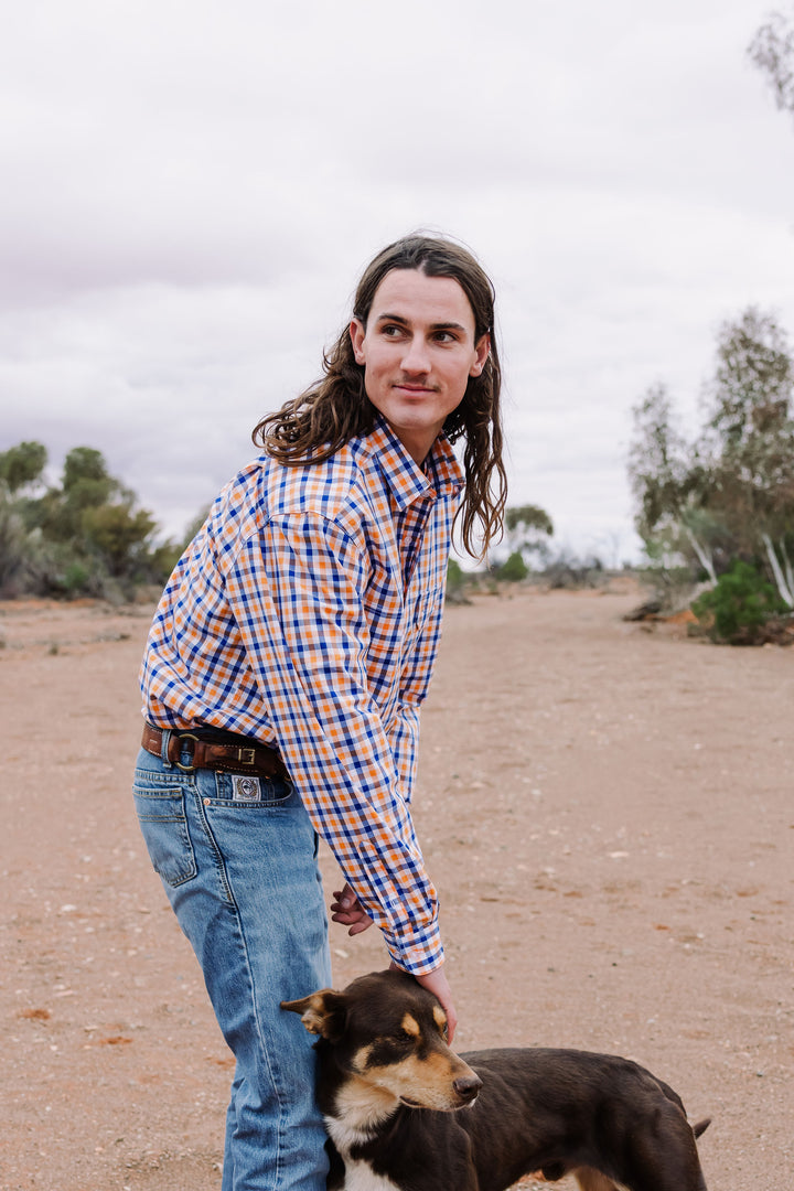Mens Half Button Shirt - Orange & Blue Check