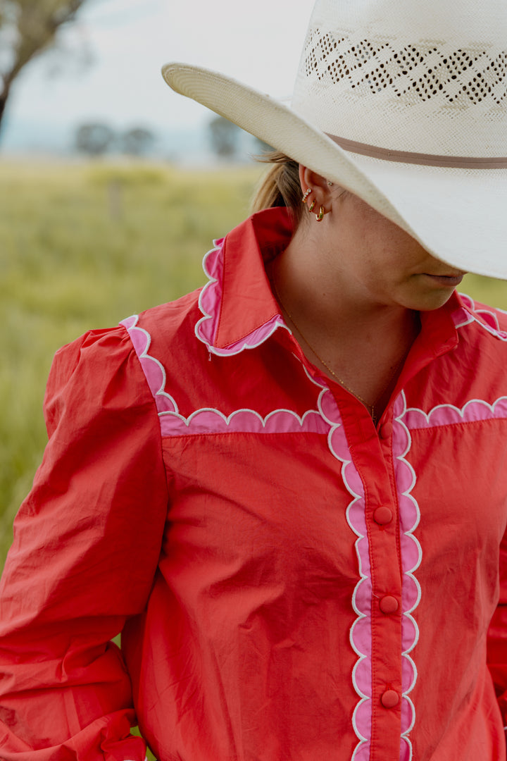 Ivy Scallop Trim Cotton Blouse – RED