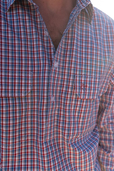 Mens Half Button Shirt - Red & Blue Check