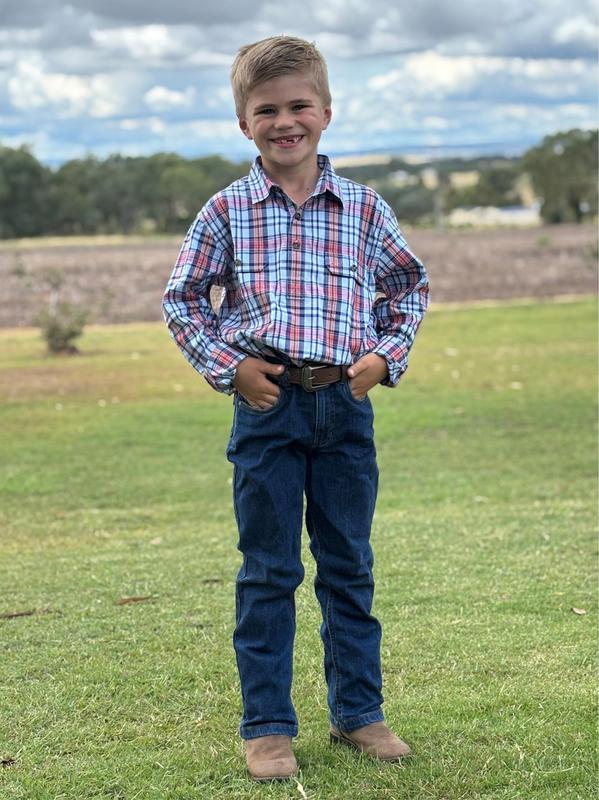 Boys - Half Button - Red & Navy Check