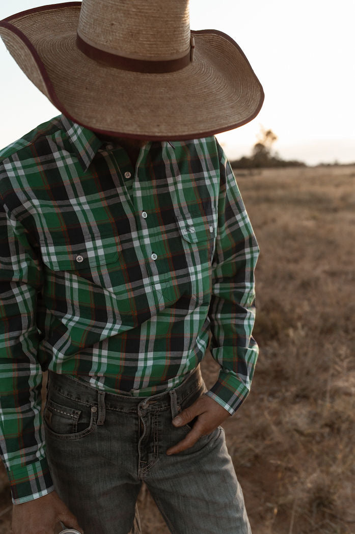 Mens Half Button Shirt - Green, Blue & Orange Plaid