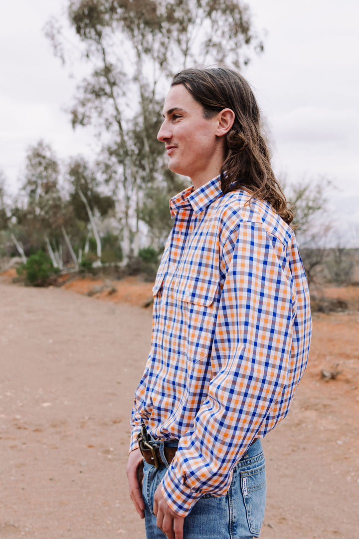 Mens Half Button Shirt - Orange & Blue Check