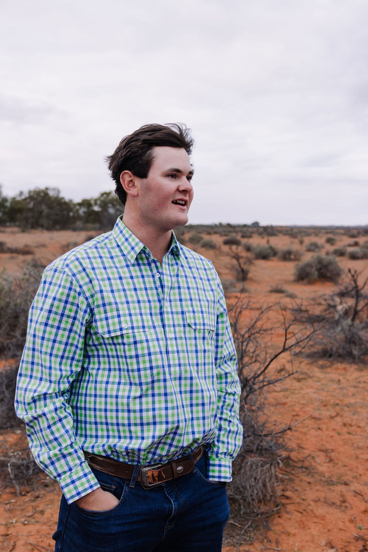 Mens Half Button - Green & Blue Check