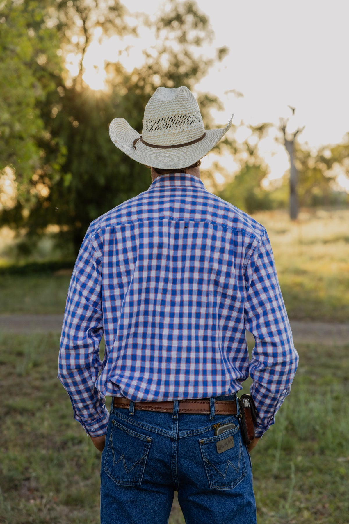 Men's Long Sleeve Shirt - Blue & Orange Check