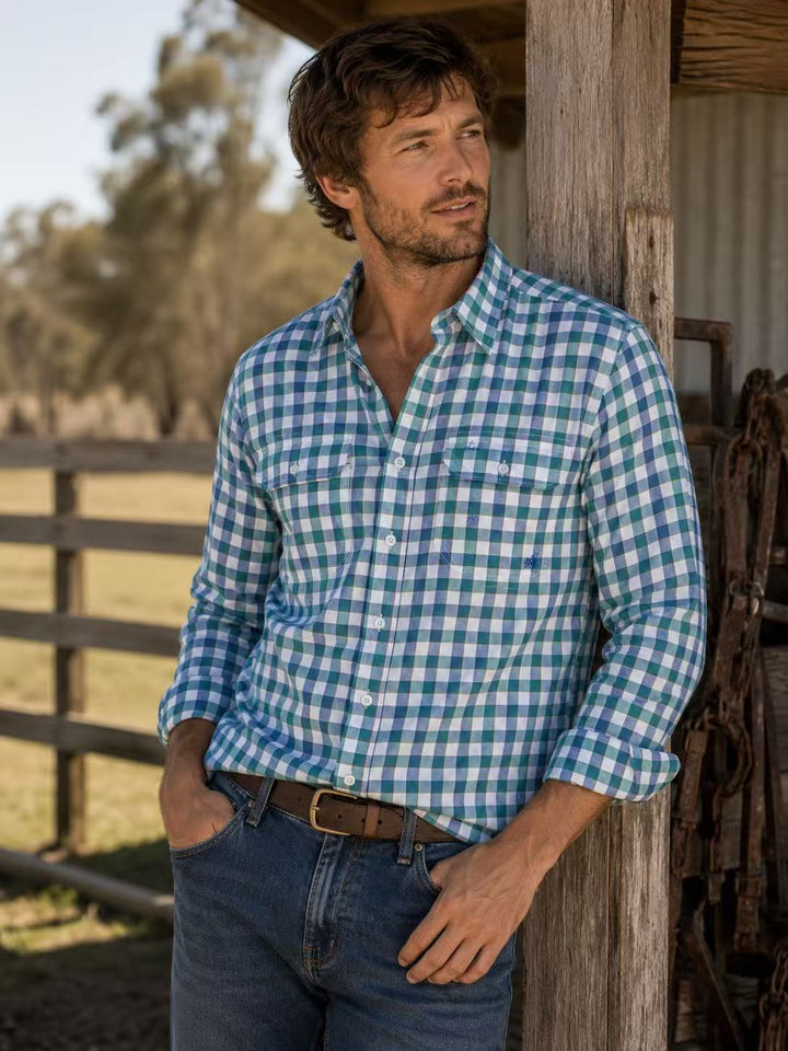 Mens Long Sleeve | FULL button | Blue Check