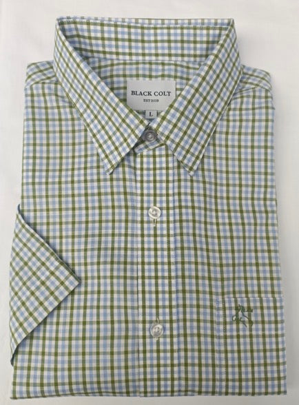 Mens Short Sleeve | Full Button | Blue & Green Gingham