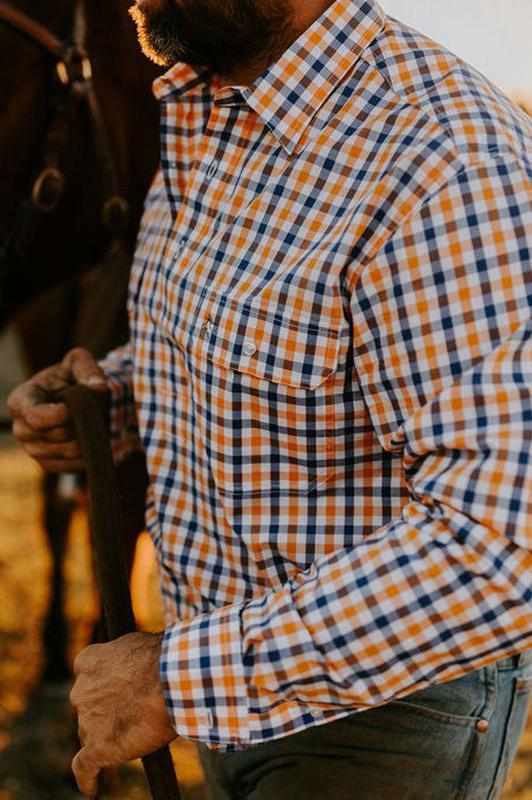 Men's Half Button Shirt - Orange & Blue Check