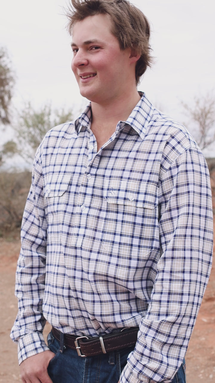 Mens Half Button - Blue, White & Yellow Check