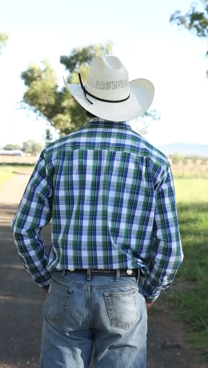 Mens Half Button - Green/Blue & White Check