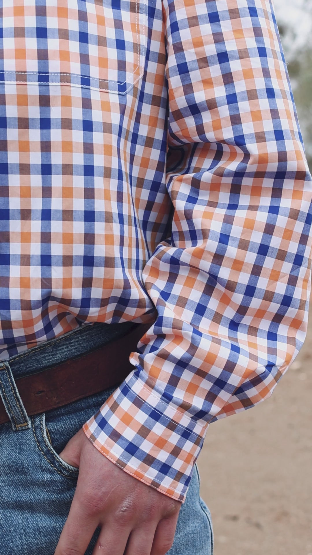 Mens Half Button Shirt - Orange & Blue Check