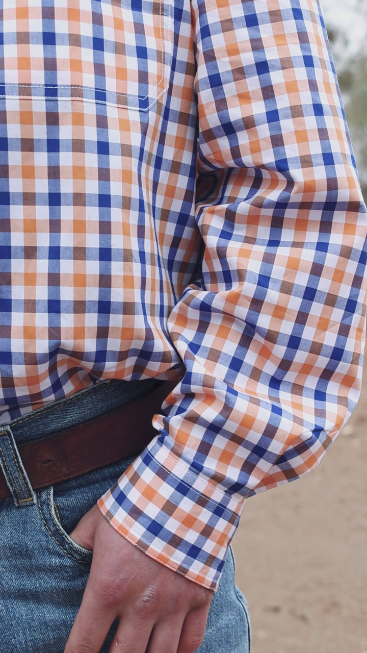Mens Half Button Shirt - Orange & Blue Check